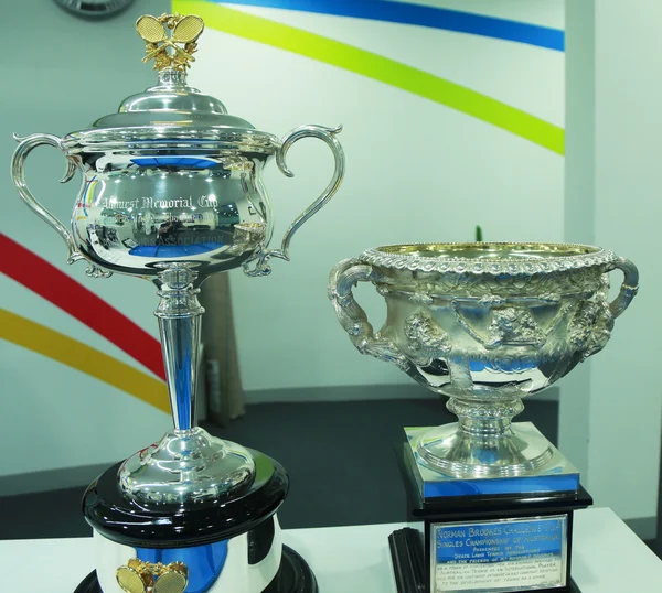 :La Daphne Akhurst Memorial Cup (L) e la Norman Brooks Challenge Cup in mostra alla Rod Laver Arena di Melbourne Park — Foto Stock