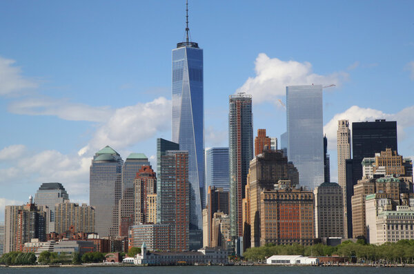NEW YORK - MAY 15, 2016: Lower Manhattan skyline panorama. Freedom Tower is the tallest building in the Western Hemisphere and the third-tallest building in the world