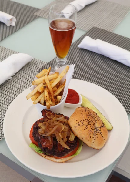 Burger with French Fries and glass of beer — Stock Photo, Image