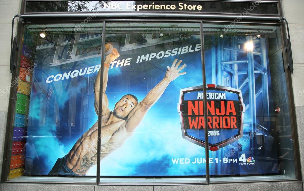 NEW YORK - JUNE 16, 2016: NBC Experience Store window display decorated with American Ninja Warrior 2016 logo in Rockefeller Center in Midtown Manhattan