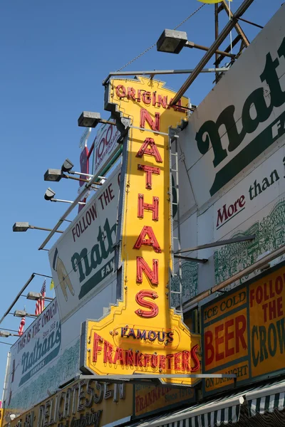 The Nathan's original restaurant sign at Coney Island, New York — Stock Photo, Image