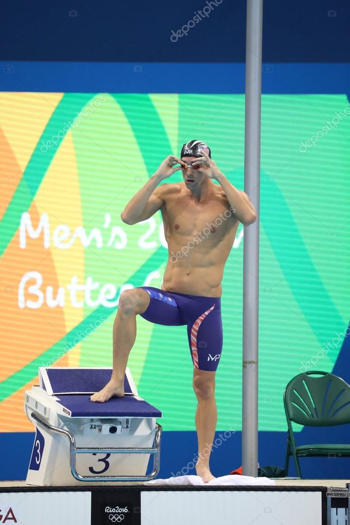 RIO DE JANEIRO, BRAZIL  AUGUST 8, 2016: Olympic champion Michael Phelps of United States before swimming the Men's 200m butterfly at Rio 2016 Olympic Games