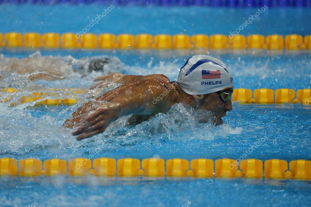 RIO DE JANEIRO, BRAZIL  AUGUST 8, 2016: Olympic champion Michael Phelps of United States swimming the Men's 200m butterfly at Rio 2016 Olympic Games