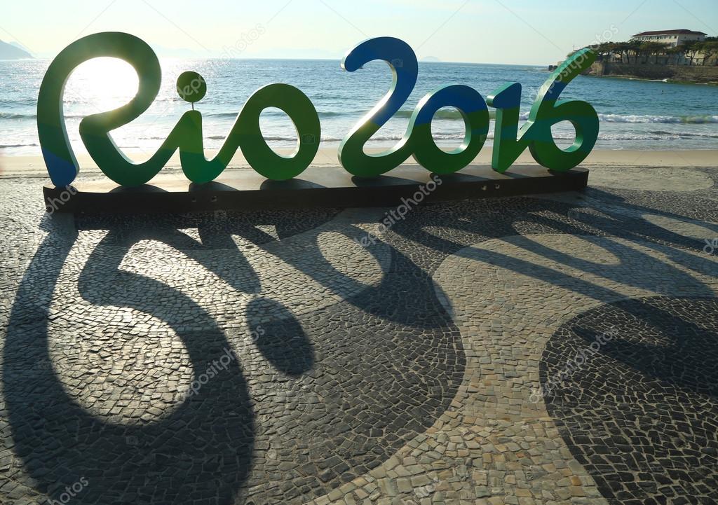 RIO DE JANEIRO, BRAZIL  AUGUST 6, 2016: Rio 2016 sign at Copacabana Beach in Rio de Janeiro