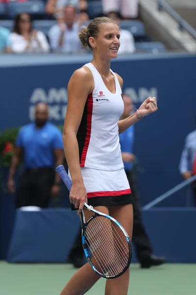 Professional tennis player Karolina Pliskova of Czech Republic celebrates victory after her round four match at US Open 2016 — Stock Photo, Image