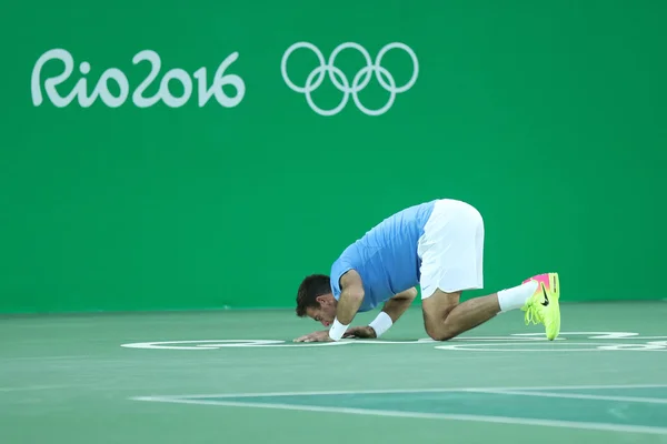 Campeão do Grand Slam Juan Martin Del Porto da Argentina celebra vitória após semifinal individual dos Jogos Olímpicos Rio 2016 — Fotografia de Stock