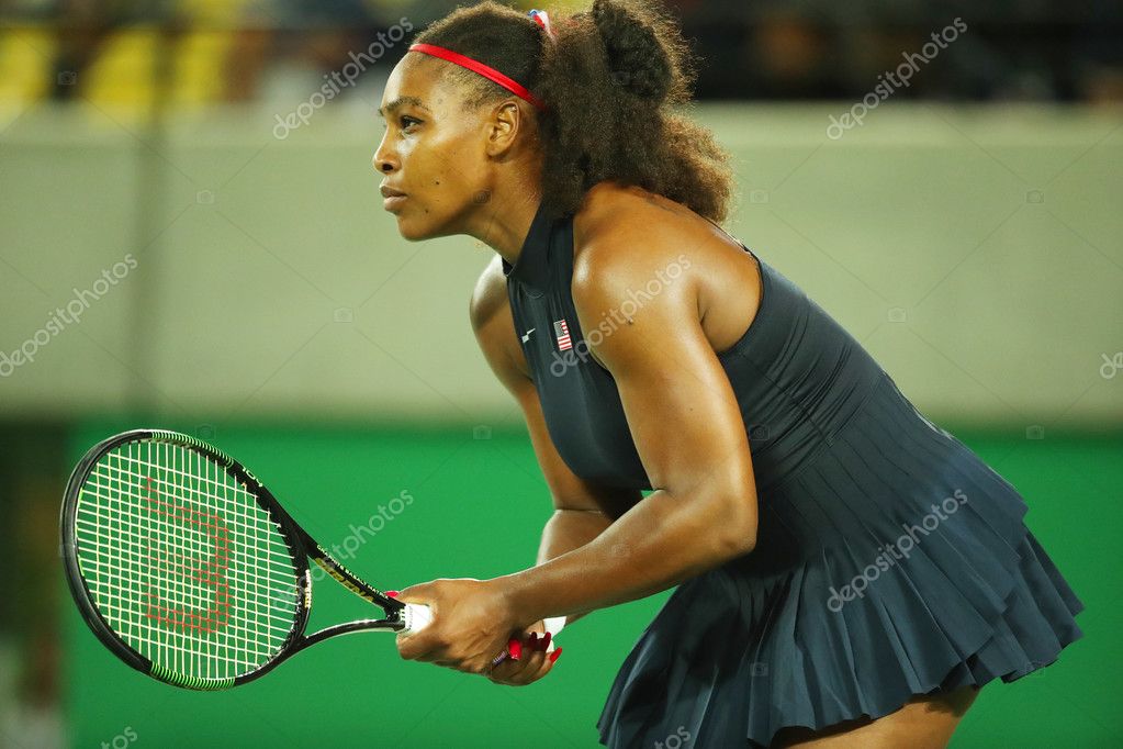RIO DE JANEIRO, BRAZIL - AUGUST 8, 2016: Olympic champions Serena Williams  of United States in action during singles round two match of the Rio 2016 Olympic Games at the Olympic Tennis Centre