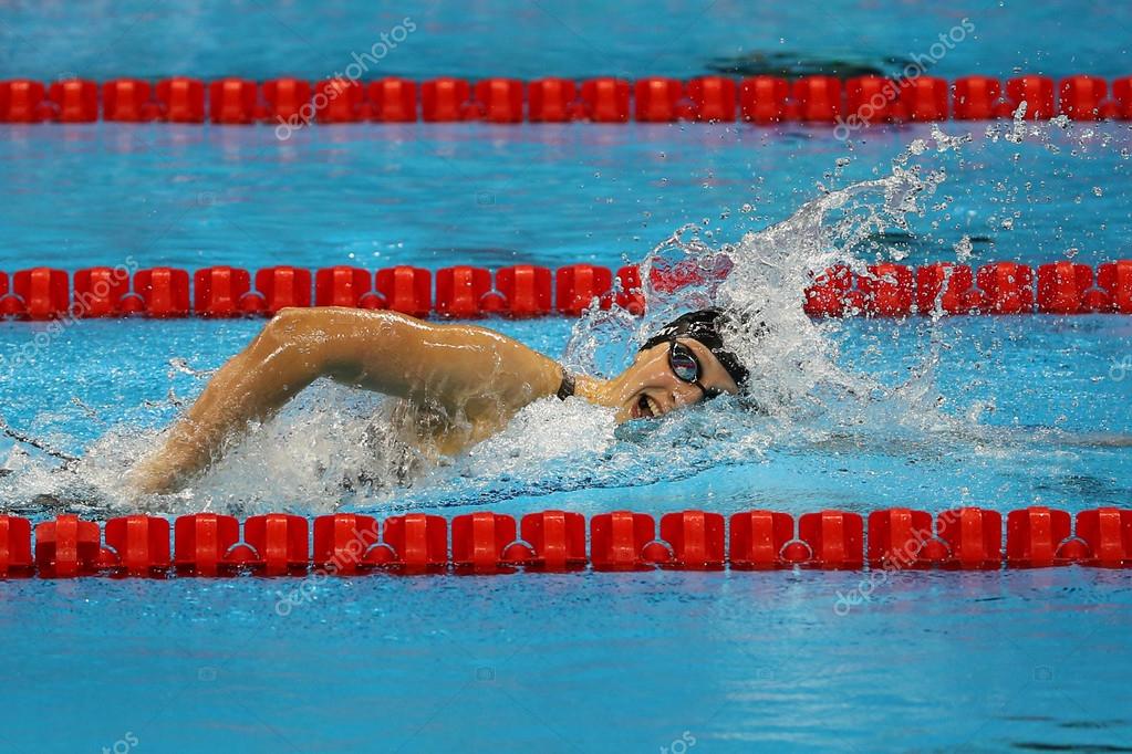 RIO DE JANEIRO, BRAZIL - AUGUST 12, 2016: Olympic champion Katie Ledecky of United States competes at the Women's 800m freestyle of the Rio 2016 Olympic Games at the Olympic Aquatics Stadium