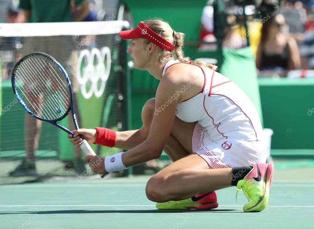 RIO DE JANEIRO, BRAZIL - AUGUST 14, 2016: Ekaterina Makarova of Russia in action during women's doubles final  of the Rio 2016 Olympic Games at the Olympic Tennis Centre