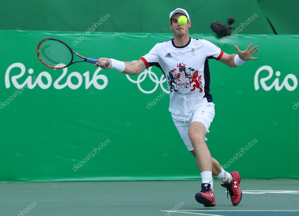 RIO DE JANEIRO, BRAZIL - AUGUST 12, 2016: Olympic champion Andy Murray of Great Britain in action during men's singles quarterfinal of the Rio 2016 Olympic Games at the Olympic Tennis Centre