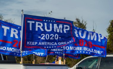 BROOKLYN, NEW YORK - 1 Kasım 2020: Brooklyn, New York 'ta düzenlenen 2020 Ulusal Koz Günü' nde Başkan Trump 'a destek veren bayraklar