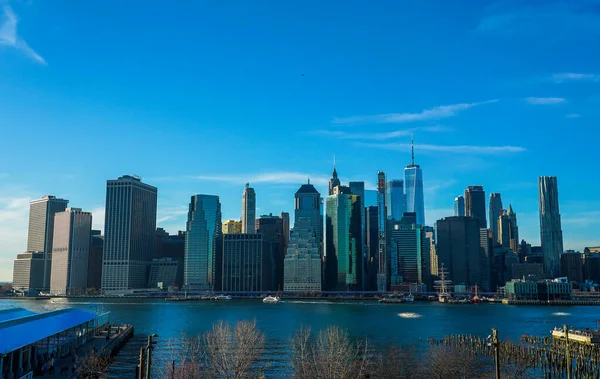 Lower Manhattan Skyline Panorama Van Brooklyn Bridge Park — Stockfoto