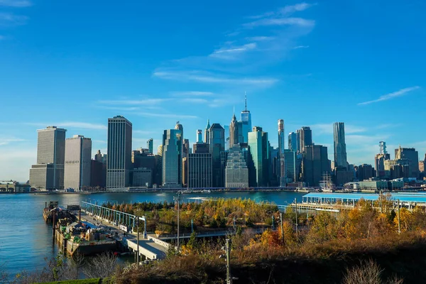 Lower Manhattan Skyline Panorama Van Brooklyn Bridge Park — Stockfoto