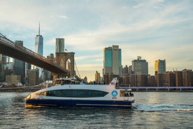 NEW YORK - 29 Kasım 2020: Brooklyn Köprüsü altında New York City feribot