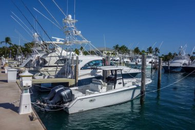 BATI PALM BEACH, FLORIDA - 22 Mart 2018: yelkenliler ve yatlar Florida 'daki Yelkenli Balığı Marina' da. Yelken Balığı Marina Tatil Köyü Palm Beaches 'e en sevilen rıhtımdır.