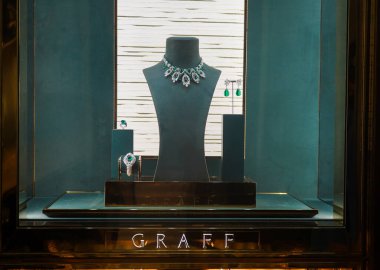 BAL HARBOUR, FLORIDA - DECEMBER 31, 2020: Graff jewellery on display at the Bal Harbour Shops, an open-air shopping mall in Bal Harbour, a suburb of Miami, Florida, known internationally for its retail clipart