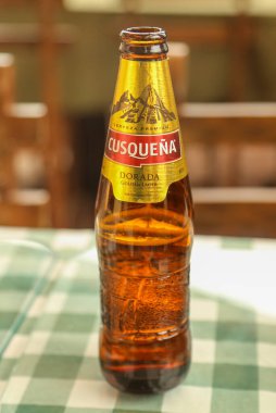 CUSCO, PERU - 30 Eylül 2016: Cusquena super-premium lager local beer from Cuzco, Peru