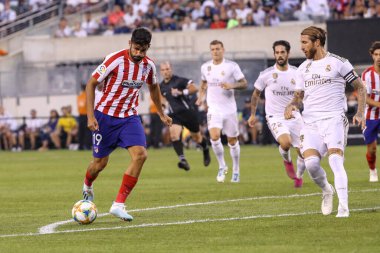 Doğu RUTHERFORD, NJ - 26 Temmuz 2019: Atletico de Madrid 'den Diego Costa MetLife Stadyumu' nda oynanan 2019 Uluslararası Şampiyonlar Kupası 'nda Real Madrid maçında gol attı. Real Madrid 3-7 yenildi