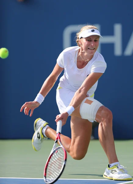 Professionele tennis speler Jekaterina makarova tijdens de vierde ronde match op ons open 2014 — Stockfoto
