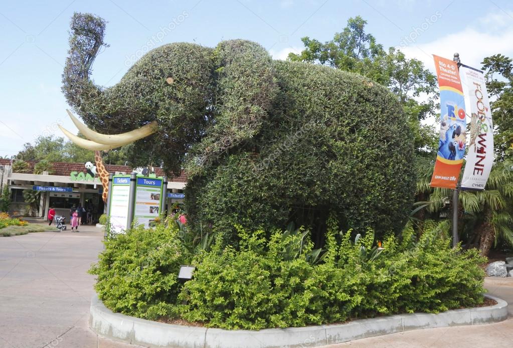 SAN DIEGO, CALIFORNIA - SEPTEMBER 28: Entrance to San Diego Zoo with an elephant topiary on September 28, 2014. This world renowned zoo was founded on October 2, 1916.