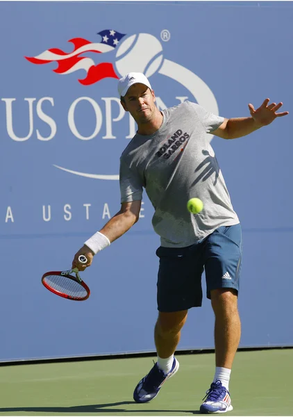 Tenniscoach Margus Norman uit Zweden Grand Slam Champion Stanislas Wawrinka coaching voor ons Open 2014 — Stockfoto