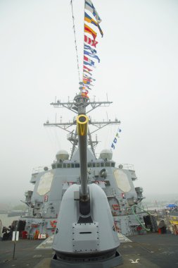 Turret containing a 5-inch gun on the deck of US Navy guided-missile destroyer