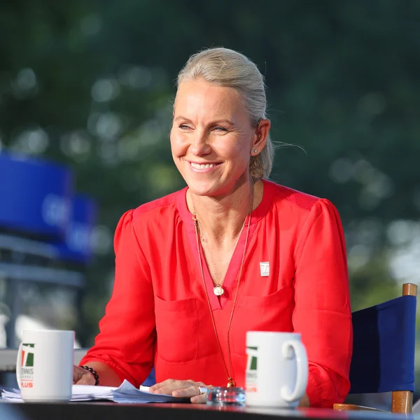 Commentatore di Tennis Channel ed ex tennista professionista Rennae Stubbs durante l'intervista agli US Open 2014 — Foto Stock