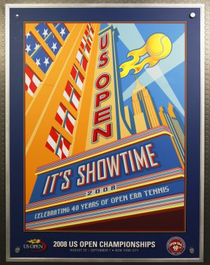 Bize açık 2008 poster Billie Jean King Ulusal Tenis merkezi New York'ta ekranda