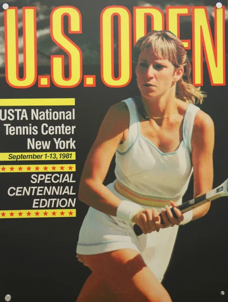 Bize açık 1981 poster Billie Jean King Ulusal Tenis merkezi New York'ta ekranda — Stok fotoğraf