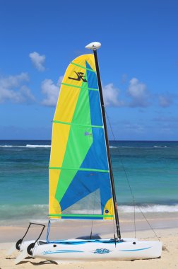 Hobie Cat katamaran Punta Cana Bavaro Plajı'nda turistler için hazır