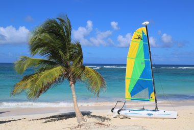 Hobie Cat katamaran Punta Cana Bavaro Plajı'nda turistler için hazır