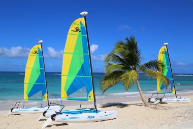 Hobie Cat katamaran Punta Cana Bavaro Plajı'nda turistler için hazır