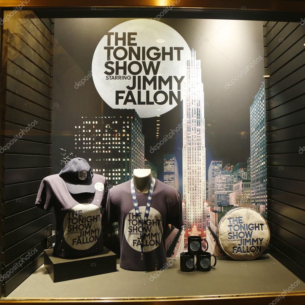 NEW YORK - FEBRUARY 26, 2015: Window display decorated with The Tonight Show with Jimmy Fallon logo in Rockefeller Center in Midtown Manhattan