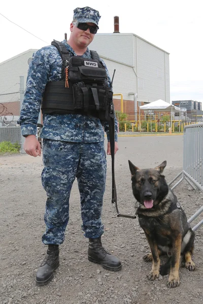 Unidentifizierte uns Navy mit k-9 Hund, der während der Flottenwoche 2015 in New York für Sicherheit sorgt — Stockfoto