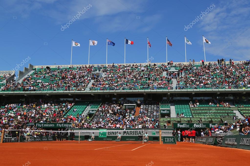 PARIS, FRANCE- MAY 23, 2015 Court Philippe Chatrier at Le Stade Roland Garros during practice matches in Paris, France