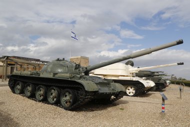 Soviet made T-62 main battle tank at the front captured by IDF on display