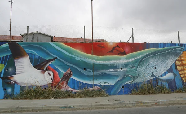 Mural art inspired by Patagonian history near Strait of Magellan ferry at Bahia Azul, Chile — Stock Photo, Image