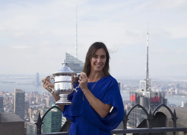 US Open 2015 champion Flavia Pennetta posing with US Open trophy on the Top of the Rock Observation Deck at Rockefeller Center