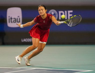 MIAMI GARDENS, FLORIDA - 27 Mart 2025: Filipinler 'den Alexandra Eala ABD' li Jessica Pegula ile Miami 'deki Hard Rock Stadyumu' nda oynadığı yarı final maçında