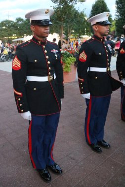 United States Marine Corps officers at Billie Jean King National Tennis Center before unfurling the American flag prior US Open 2015 men's fina