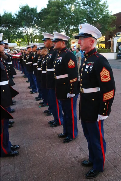 United States Marine Corps officers at Billie Jean King National Tennis Center before unfurling the American flag prior US Open 2015 men's fina — Stok fotoğraf
