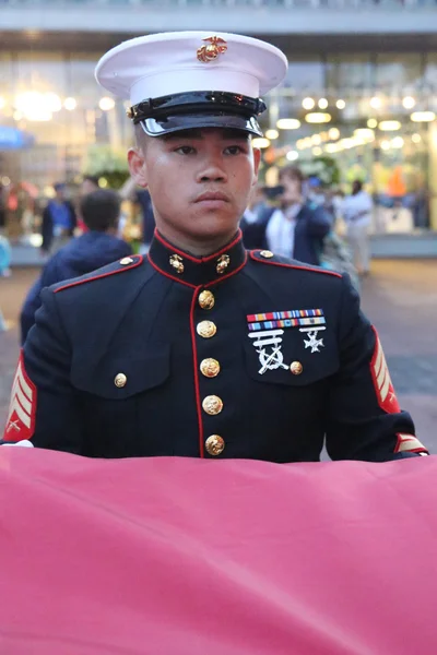 United States Marine Corps Offizier im Billie Jean King National Tennis Center vor dem Entrollen der amerikanischen Flagge vor der Eröffnung des Herren-Finales 2015 — Stockfoto