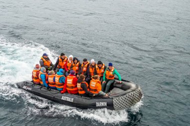 CAPE HORN, CHILELE- 3 Şubat 2020: Turistler, Tierra del Fuego 'nun fiyortları sırasında Cape Horn' un Şili 'ye inmesinden sonra Zodiac şişme botlarıyla 