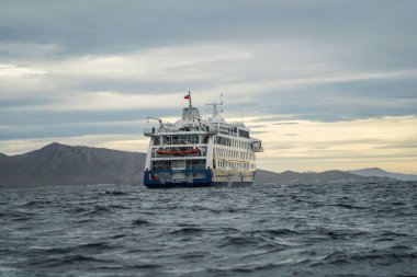 CAPE HORN, ŞİLİ - 3 Şubat 2020: Tierra del Fuego seferinin fiyortları sırasında Horn Burnu 'ndaki Ventus Australis yolcu gemisi. Cape Horn, Şili 'nin güneyindeki Hornos Adası' nda kayalık bir burundur.