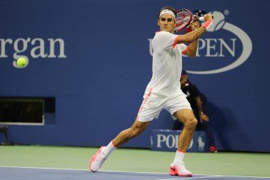 Seventeen times Grand Slam champion Roger Federer of Switzerland in action during his match at US Open 2015