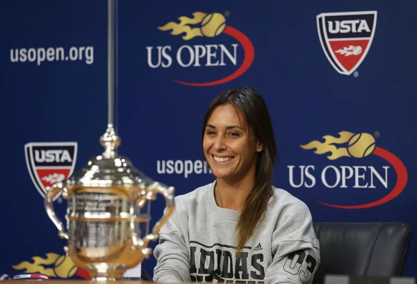 US Open 2015 champion Flavia Pennetta of Italy during press conference after final match at US Open 2015 — стокове фото