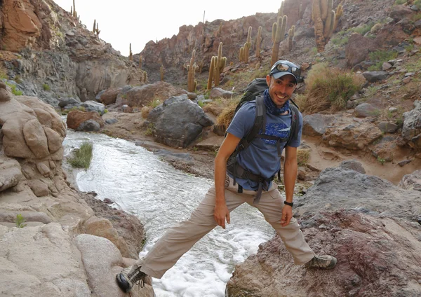 Randonneur explorant le canyon Cactus dans le désert d'Atacama, Chili — Photo