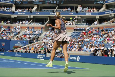 Professional tennis player Caroline Wozniacki of Denmark in action during US Open 2015