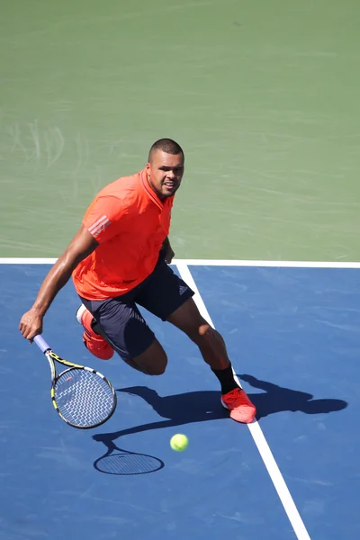 Professional tennis player Jo-Wilfried Tsonga of France in action during his round four match at US Open 2015 — Stok fotoğraf