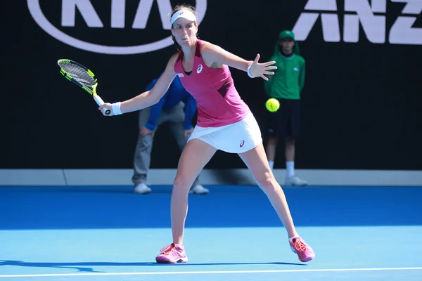 Professional tennis player Johanna Konta of Great Britain in action during her quarter final match at Australian Open 2016 — Stok fotoğraf